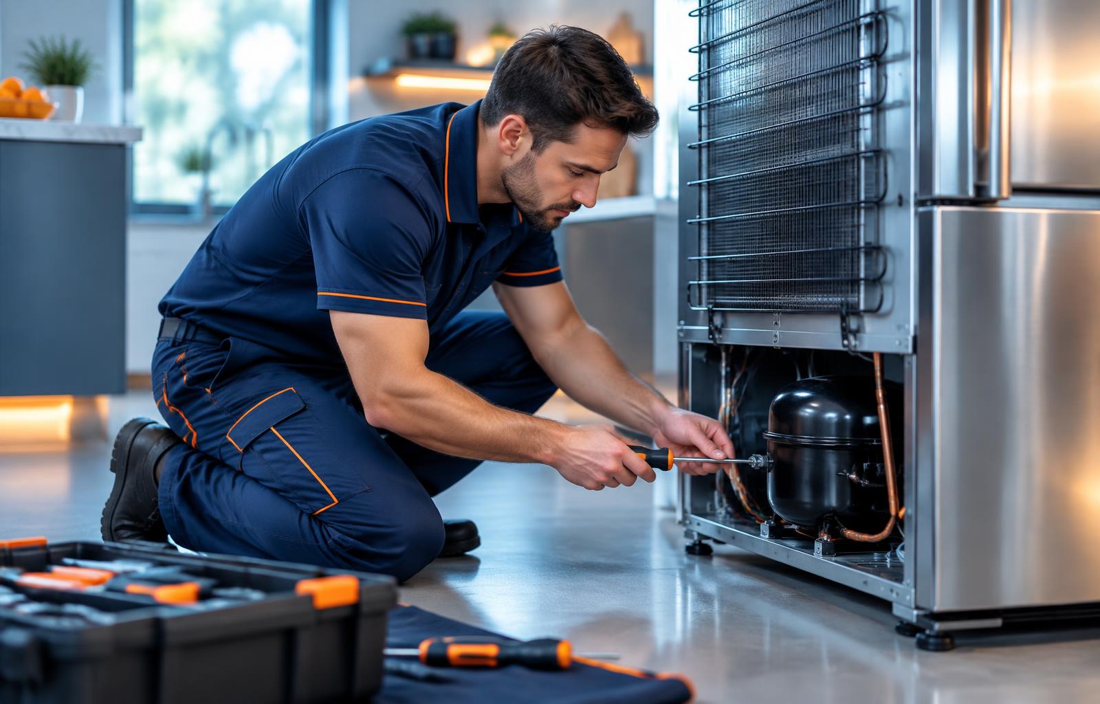 FouRie technician repairing a refrigerator on site